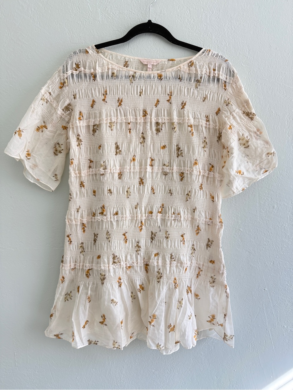 Rebecca Taylor Cream Floral Smocked Peplum Dress